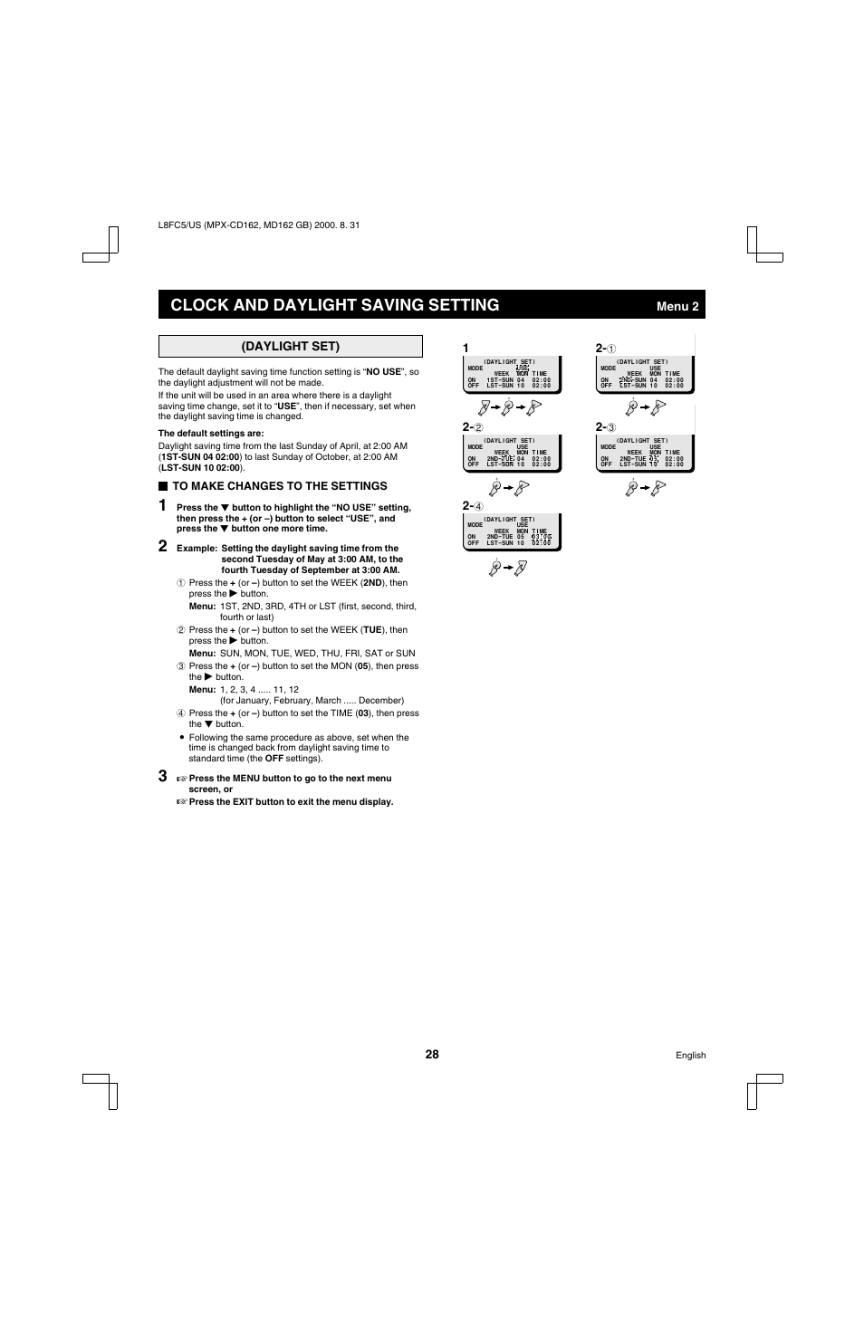 Clock and daylight saving setting | Sanyo MPX-MD162 User Manual | Page 29 / 55
