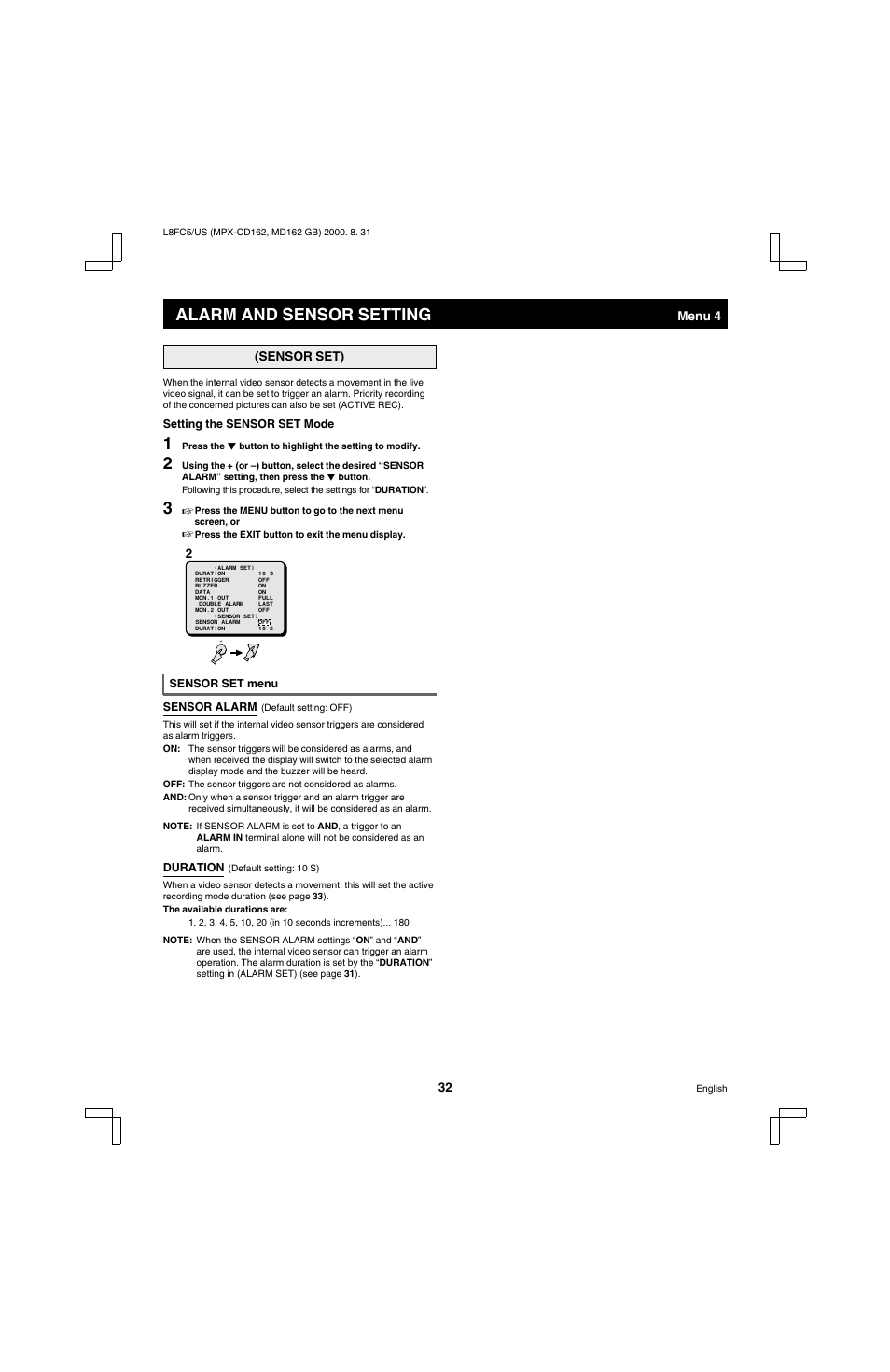 Alarm and sensor setting | Sanyo MPX-MD162 User Manual | Page 33 / 55