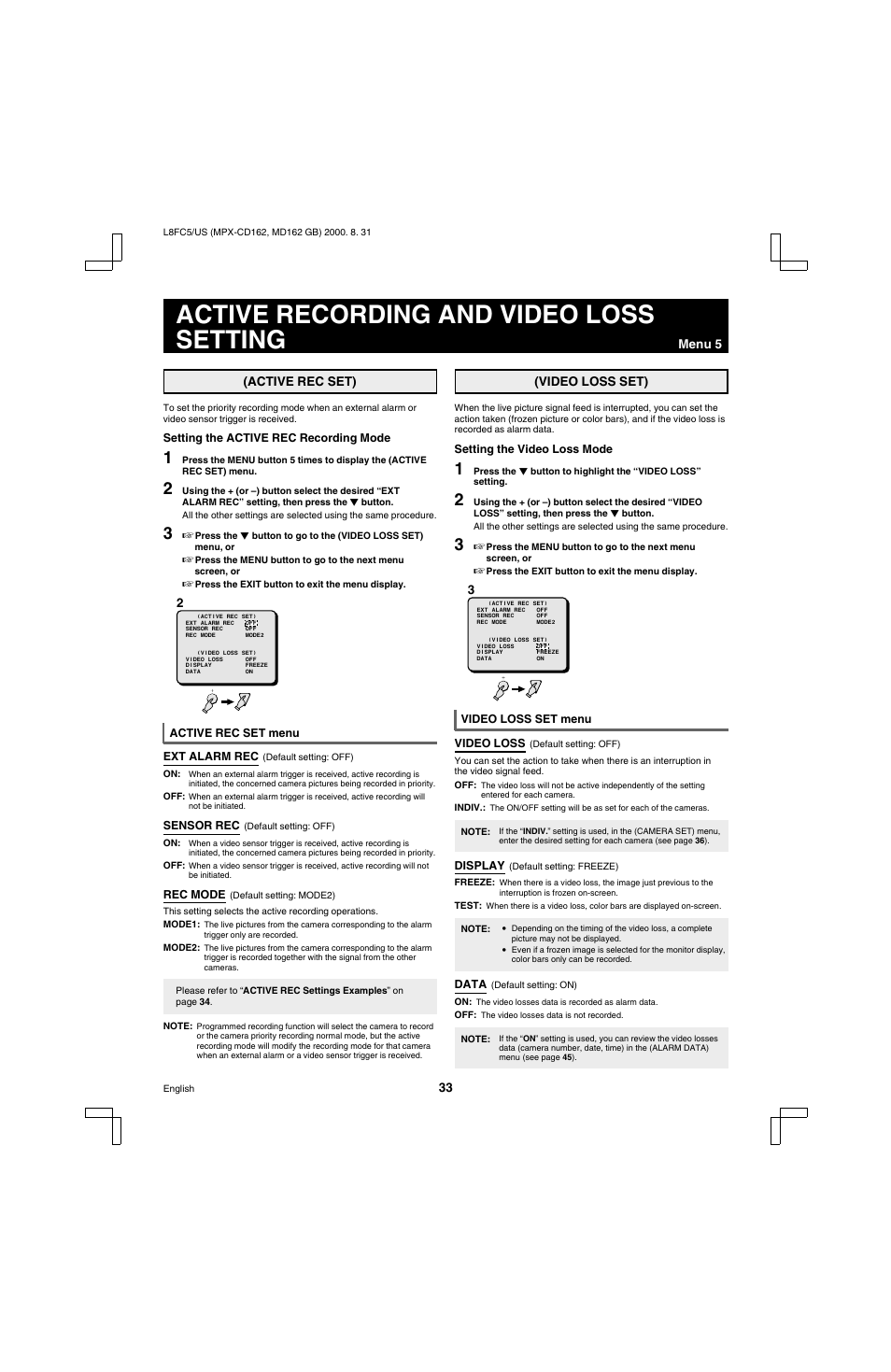 Active recording and video loss setting | Sanyo MPX-MD162 User Manual | Page 34 / 55