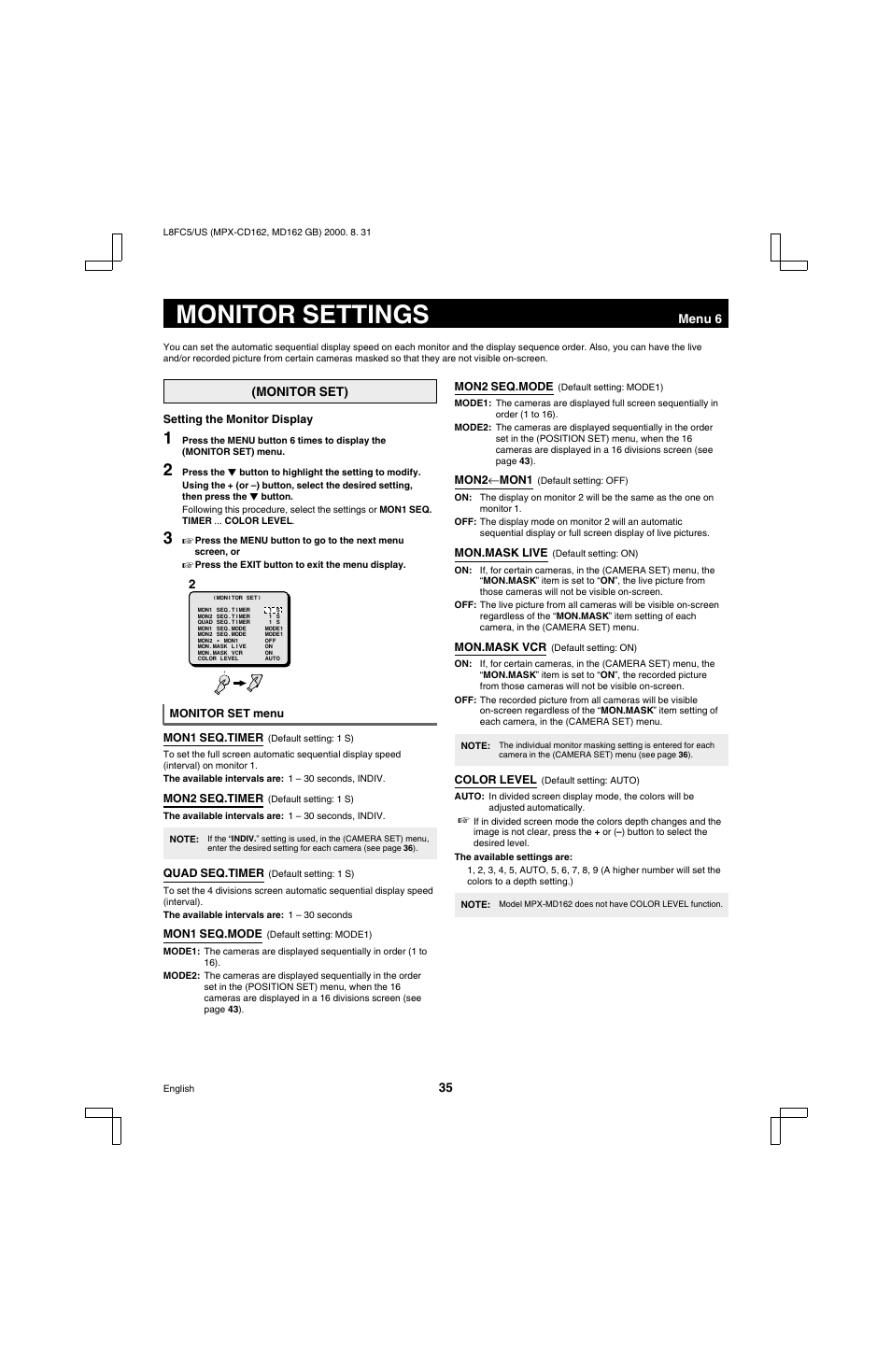 Monitor settings | Sanyo MPX-MD162 User Manual | Page 36 / 55