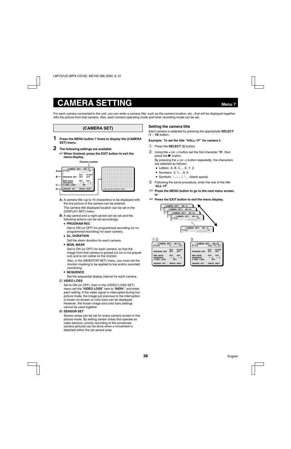 Camera setting, Menu 7, Camera set) | Setting the camera title | Sanyo MPX-MD162 User Manual | Page 37 / 55