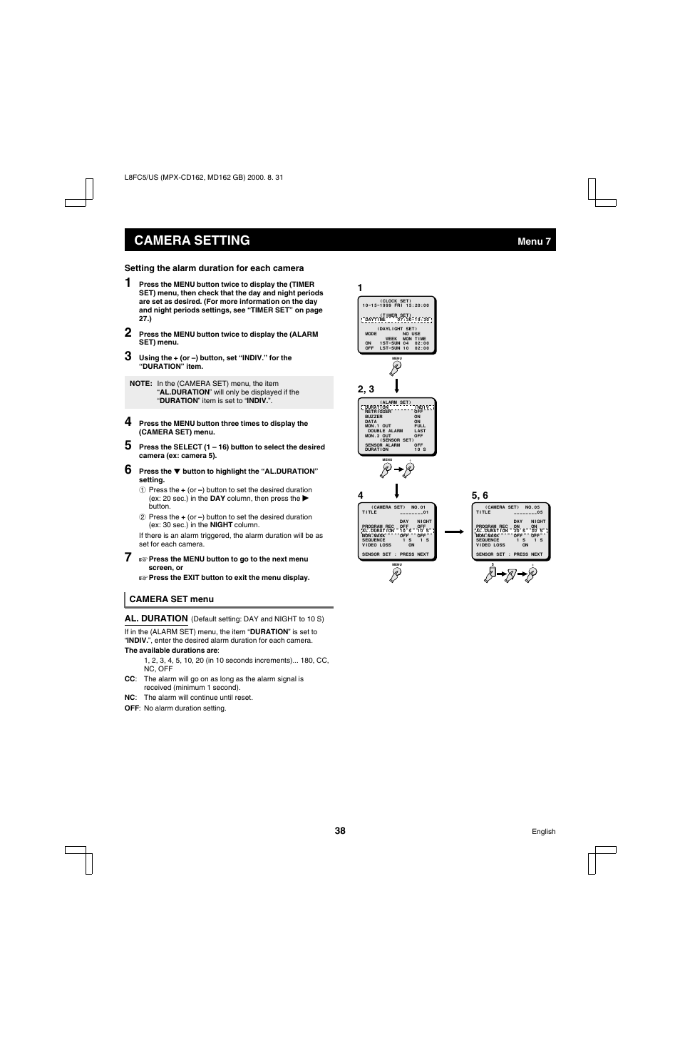 Camera setting, Menu 7 | Sanyo MPX-MD162 User Manual | Page 39 / 55