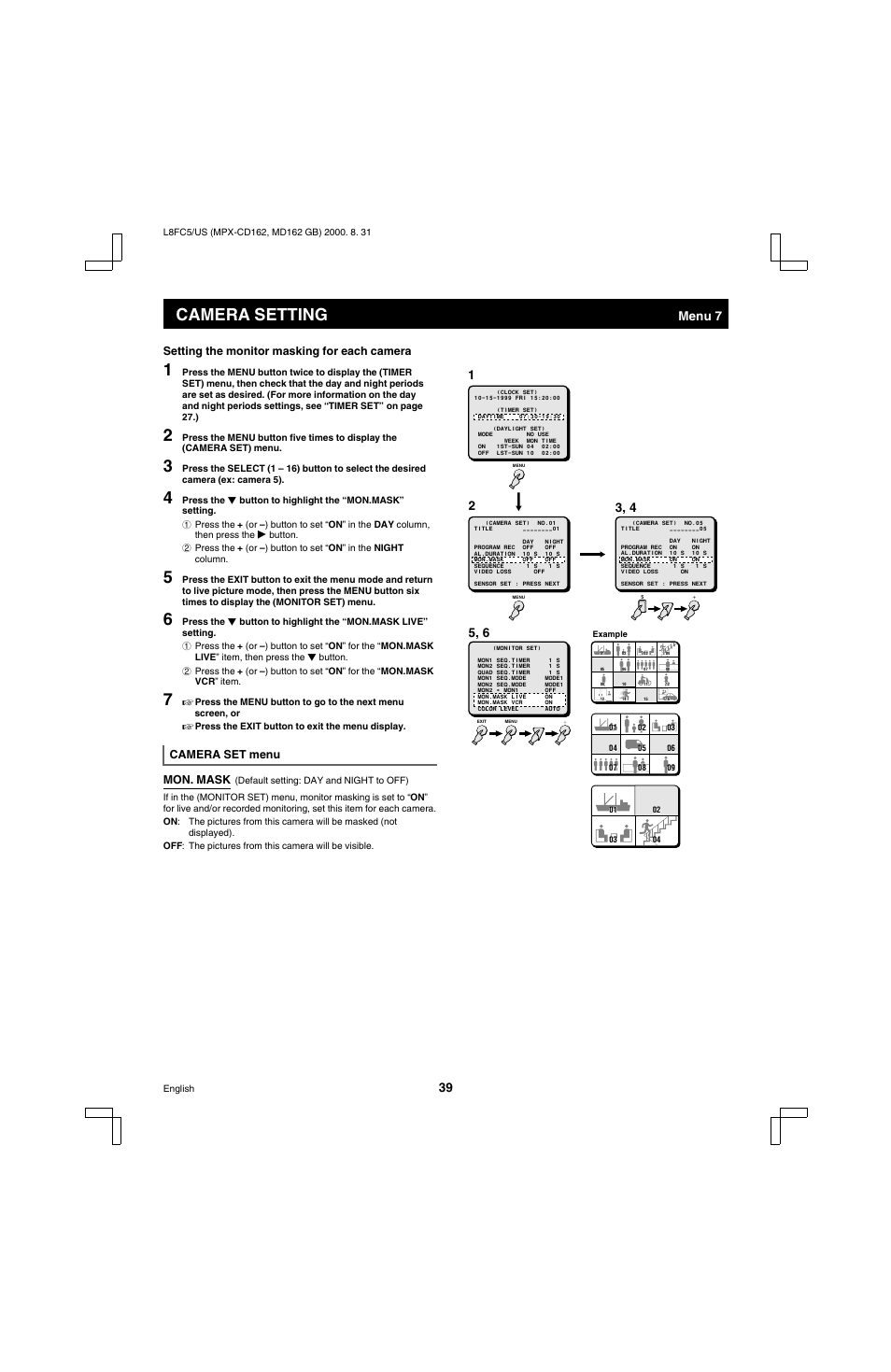 Camera setting, Menu 7, Setting the monitor masking for each camera | Camera set menu mon. mask | Sanyo MPX-MD162 User Manual | Page 40 / 55