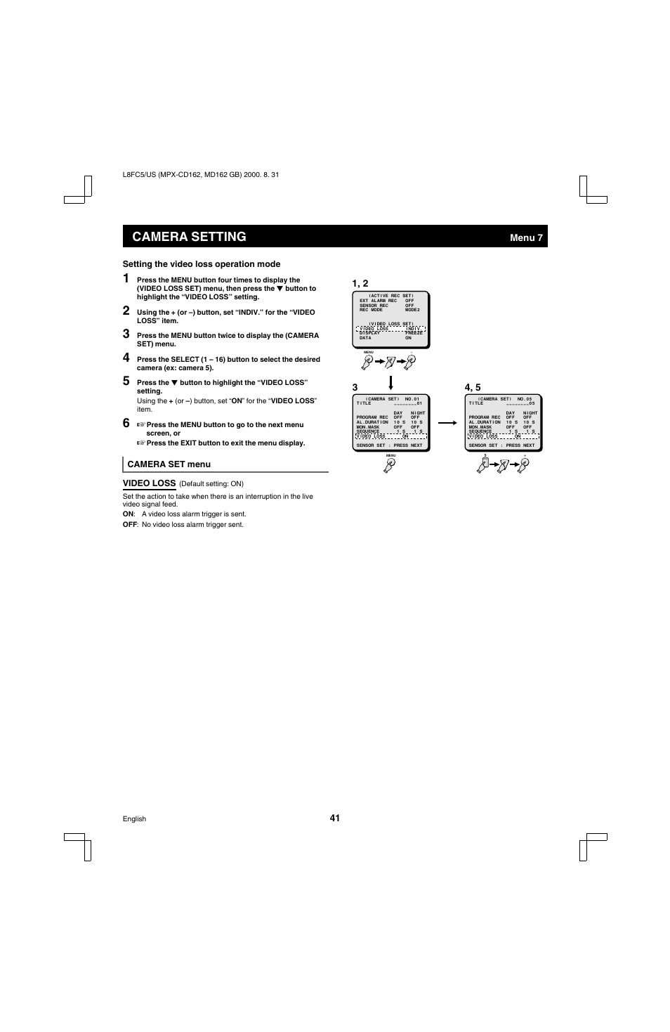 Camera setting, Menu 7 | Sanyo MPX-MD162 User Manual | Page 42 / 55