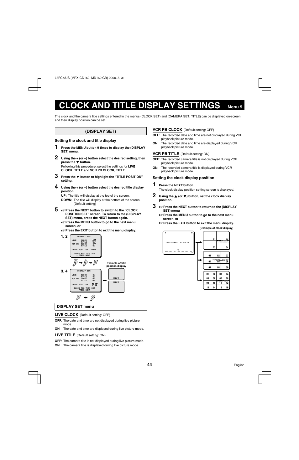 Clock and title display settings, Menu 9, Display set) | Sanyo MPX-MD162 User Manual | Page 45 / 55