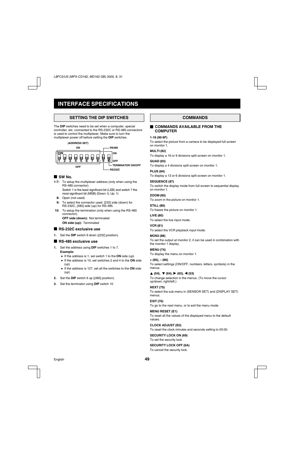 Interface specifications | Sanyo MPX-MD162 User Manual | Page 50 / 55