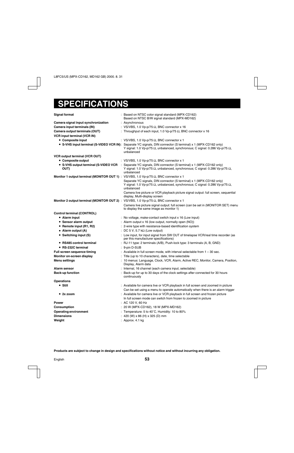 Specifications | Sanyo MPX-MD162 User Manual | Page 54 / 55