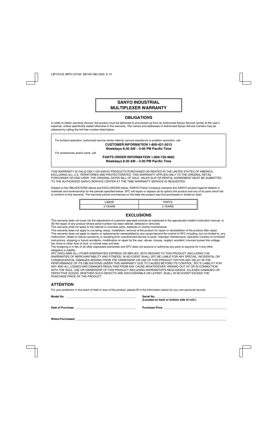 Sanyo industrial multiplexer warranty | Sanyo MPX-MD162 User Manual | Page 55 / 55