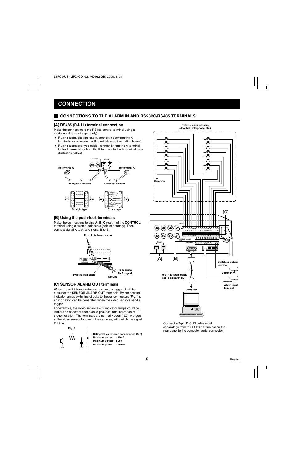 Connection, A] [b] [c, B] using the push-lock terminals | C] sensor alarm out terminals | Sanyo MPX-MD162 User Manual | Page 7 / 55