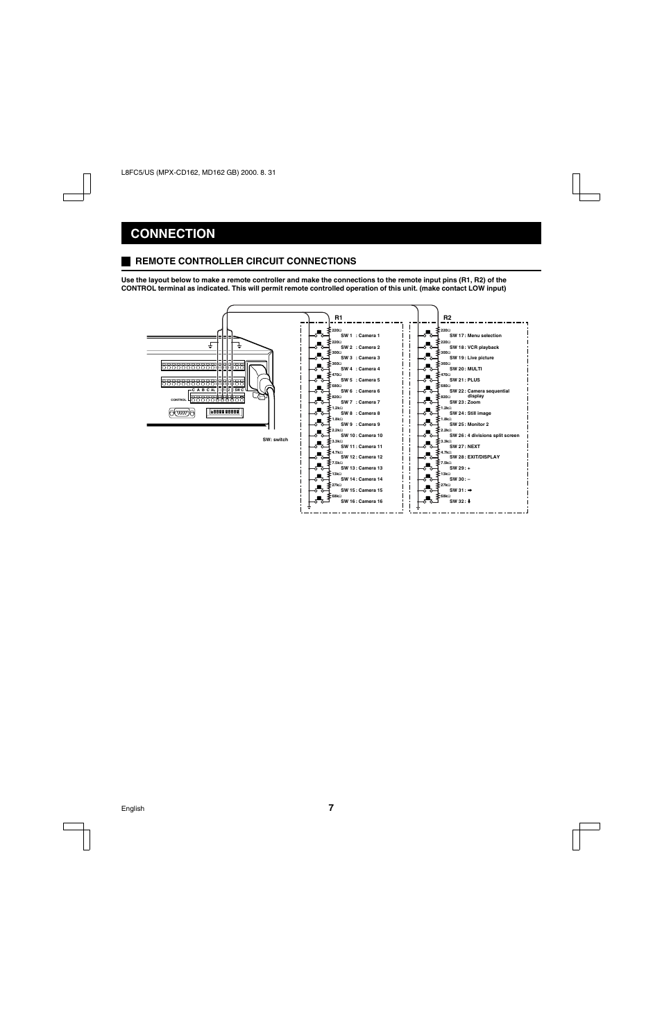 Connection, Remote controller circuit connections | Sanyo MPX-MD162 User Manual | Page 8 / 55