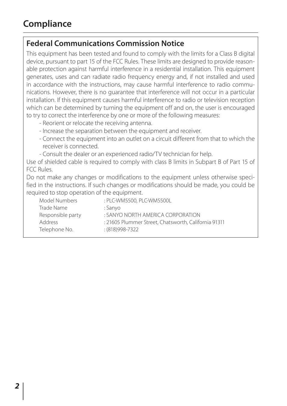 Compliance, Federal communications commission notice | Sanyo PLC-WM5500 User Manual | Page 2 / 60