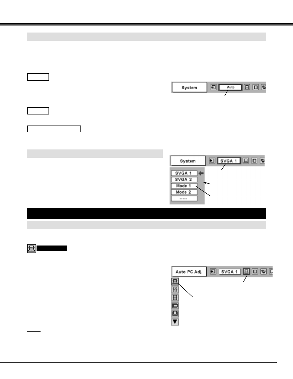 Pc adjustment, Computer input, Select computer system manually | Auto pc adjustment, Automatic multi-scan system | Sanyo PLV-70 User Manual | Page 23 / 48