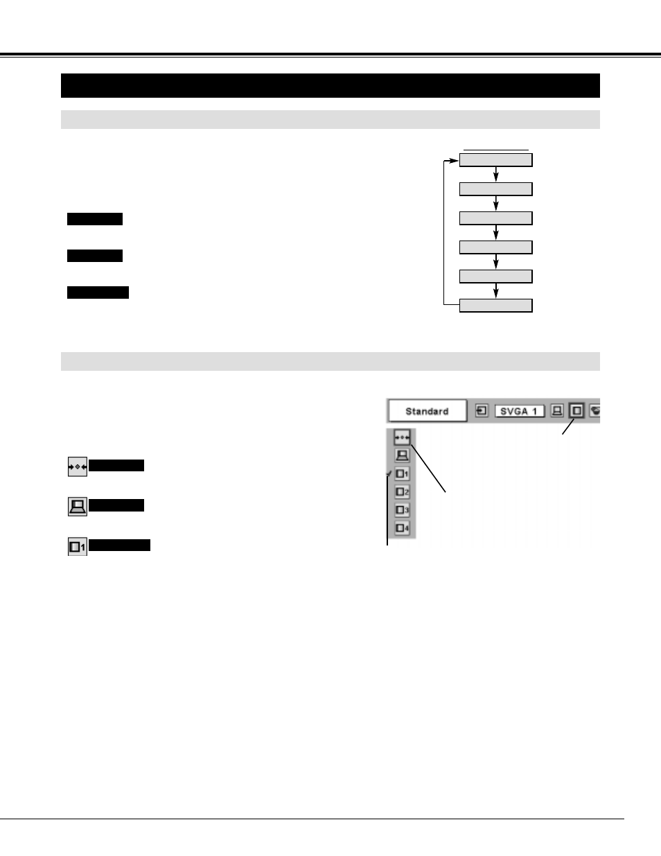 Picture image adjustments, Computer input, Image level select (menu) | Image level select (direct) | Sanyo PLV-70 User Manual | Page 27 / 48