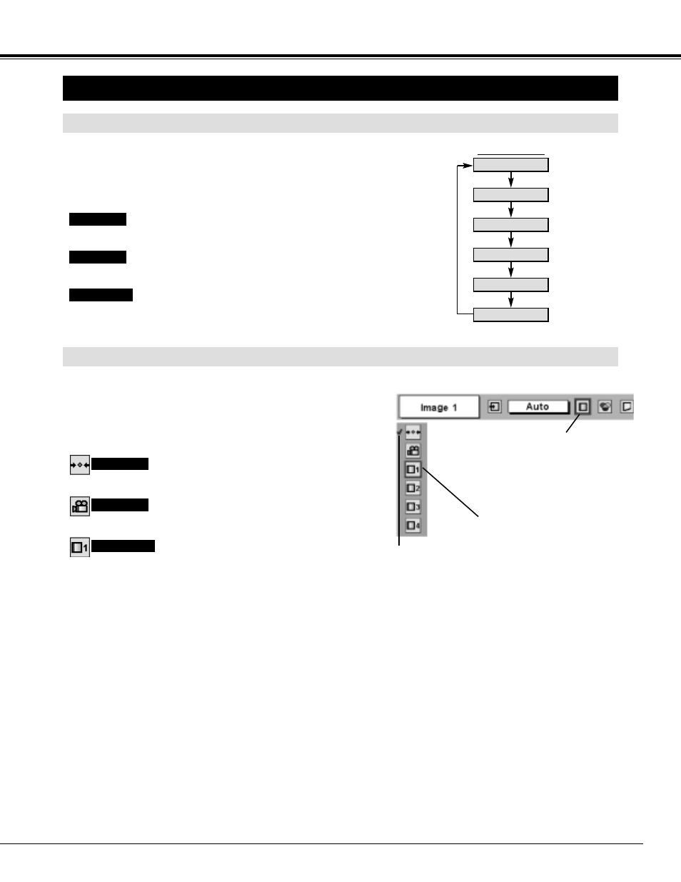 Picture image adjustments, Video input, Image level select (menu) | Image level select (direct) | Sanyo PLV-70 User Manual | Page 33 / 48