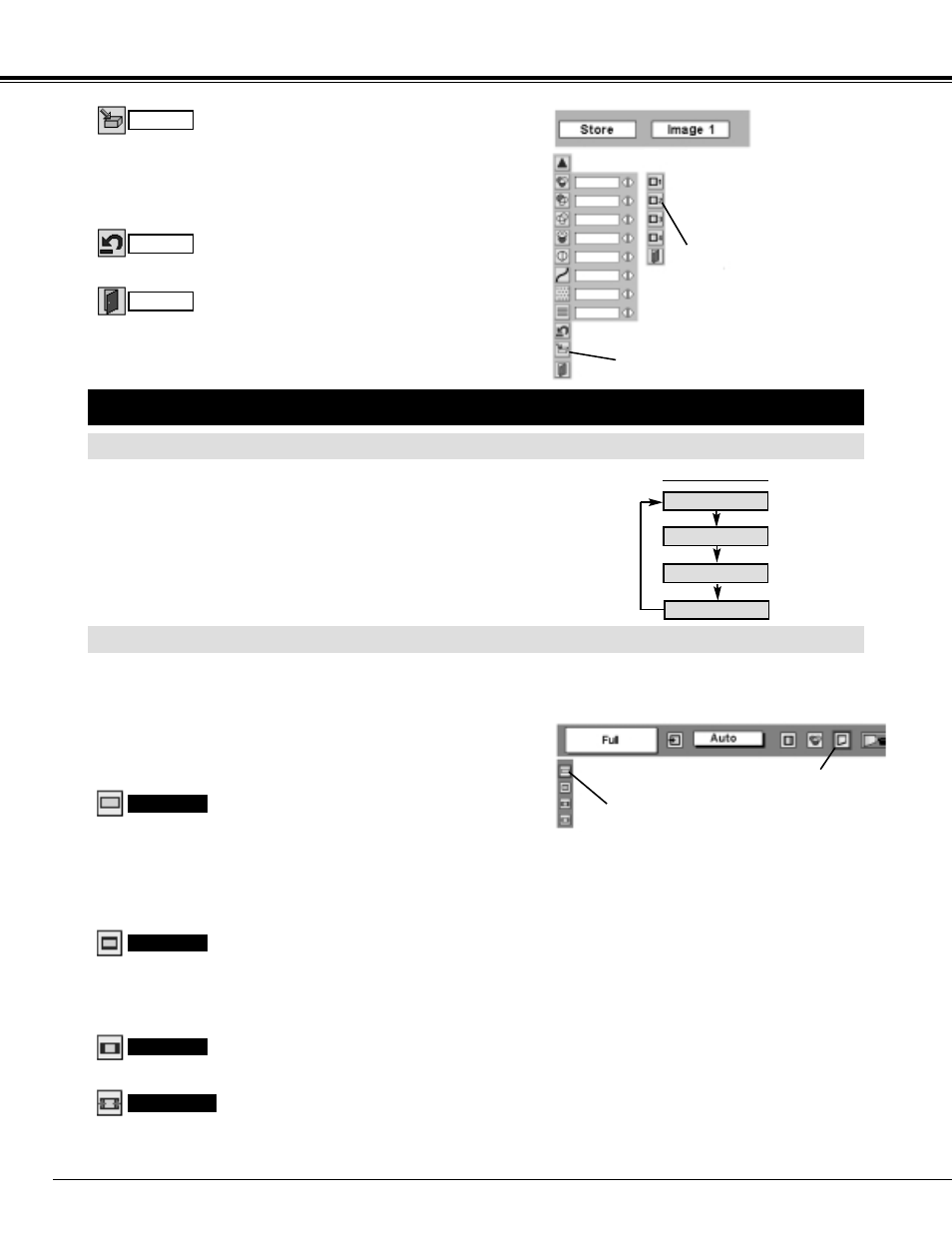 Picture screen adjustment, Video input, Picture screen select (direct) | Picture screen select (menu) | Sanyo PLV-70 User Manual | Page 36 / 48