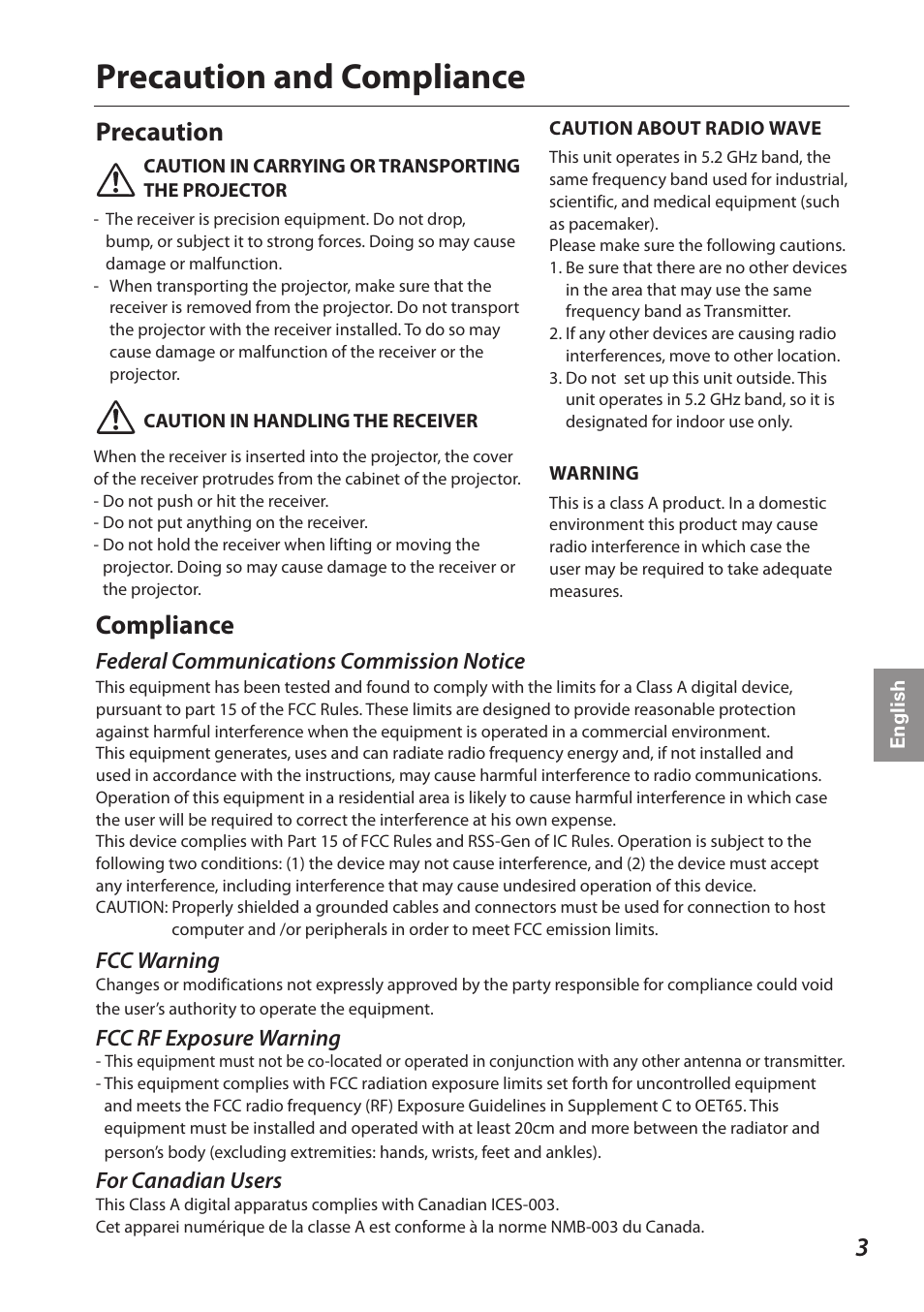 Precaution and compliance, Precaution compliance | Sanyo POA-MD26HDWL User Manual | Page 3 / 4