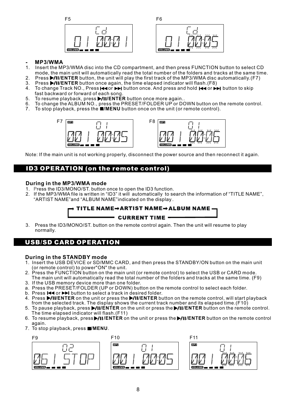 頁面 10, Id3 operation (on the remote control), Usb/sd card operation | Sanyo DC-MX40i User Manual | Page 10 / 19