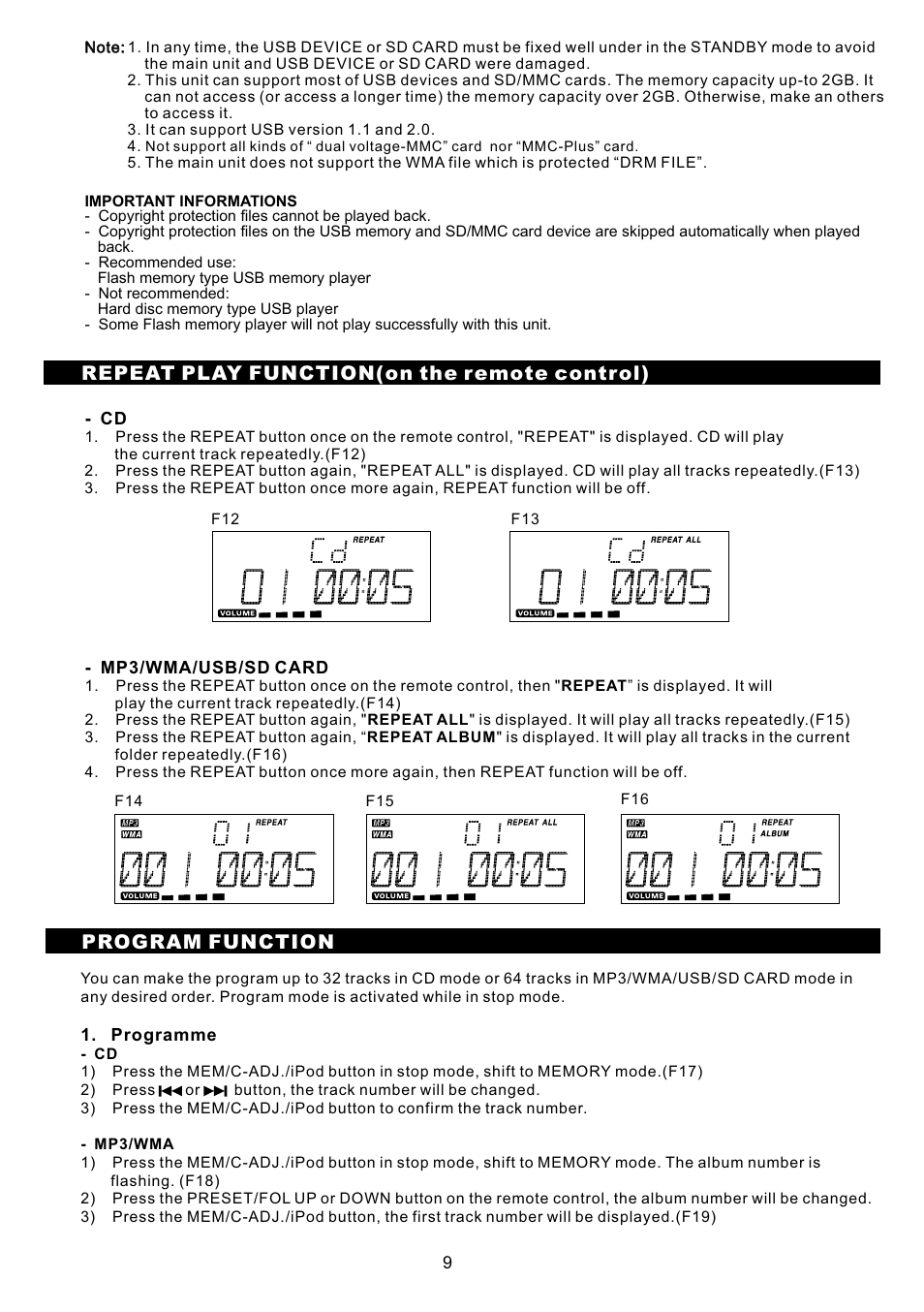 頁面 11, Repeat play function (on the remote control), Program function | Sanyo DC-MX40i User Manual | Page 11 / 19