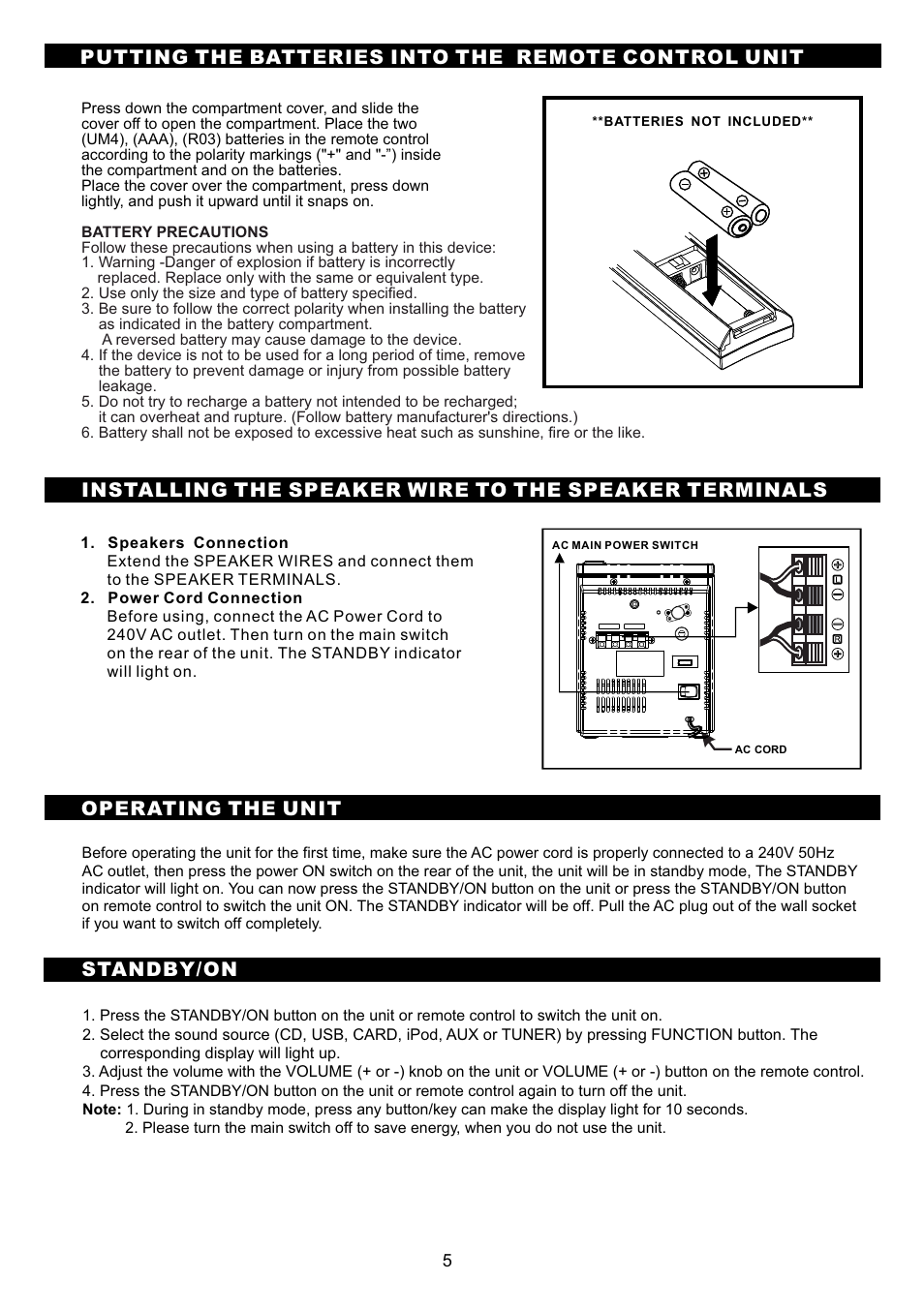 頁面 7, Putting the batteries into the remote control unit, Standby/on | Sanyo DC-MX40i User Manual | Page 7 / 19