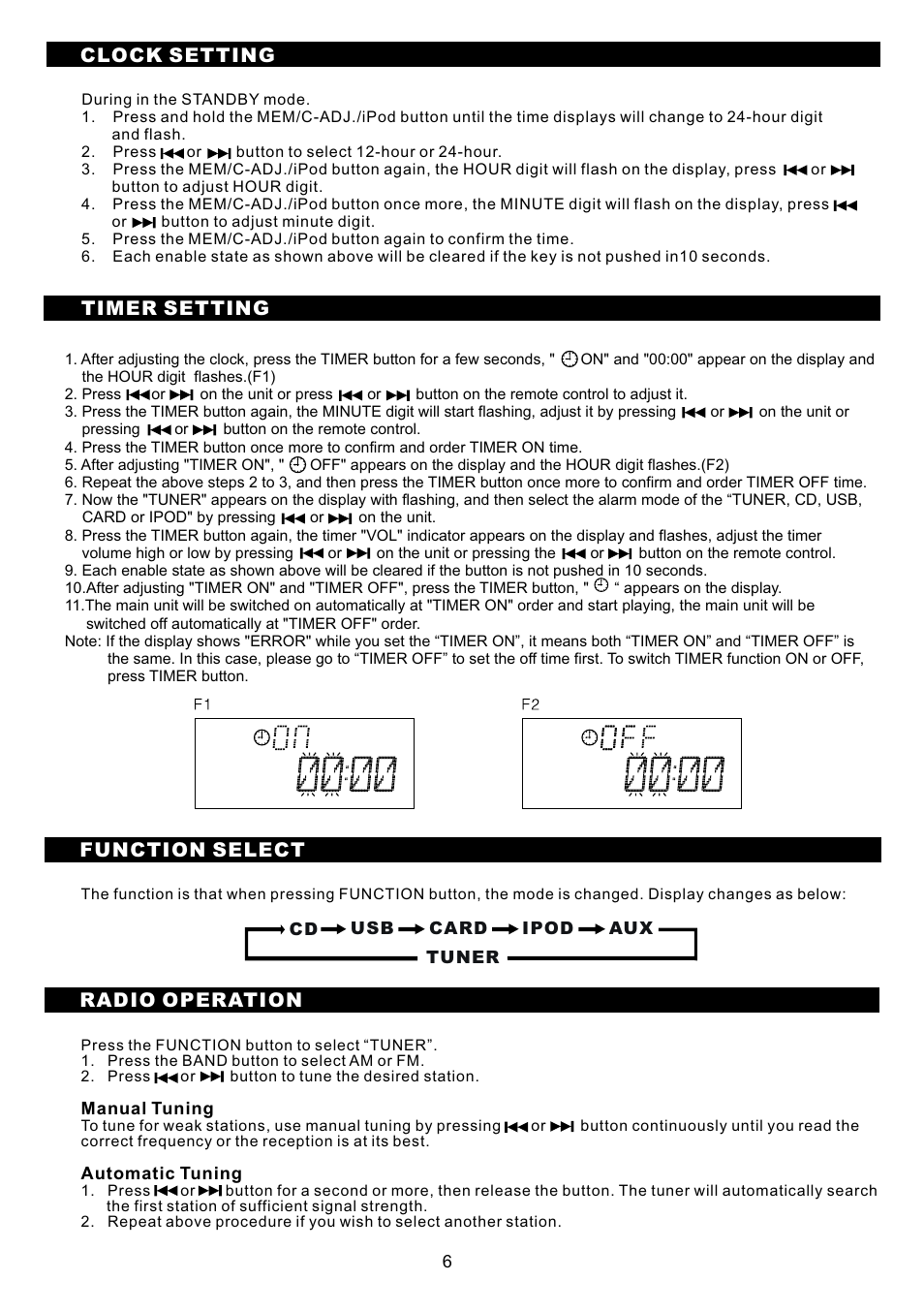 頁面 8, Clock setting timer setting function select, Radio operation | Sanyo DC-MX40i User Manual | Page 8 / 19