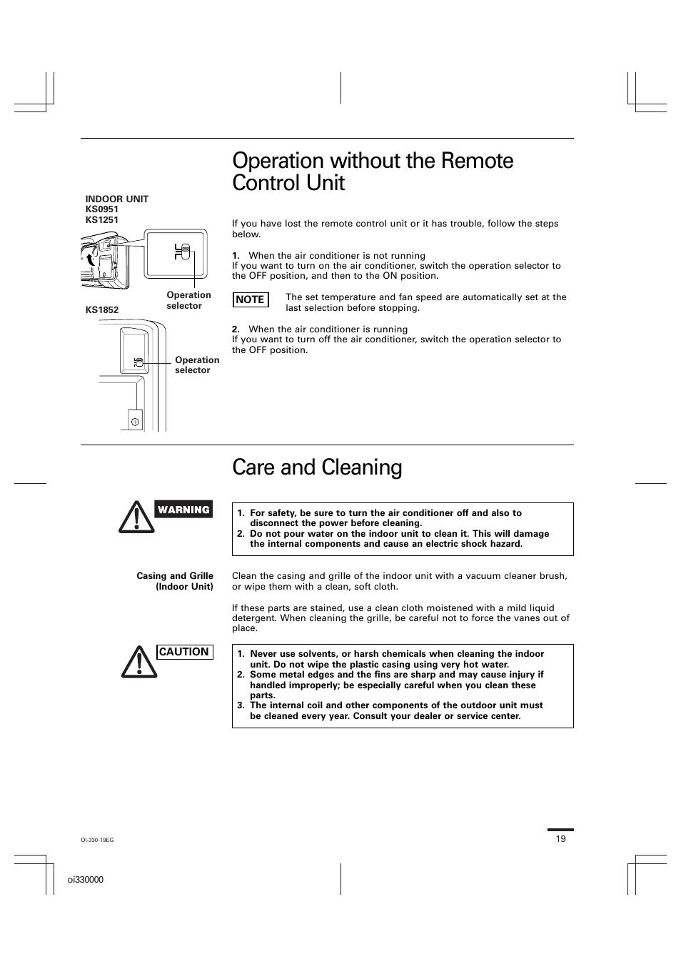 Operation without the remote control unit, Care and cleaning | Sanyo CL1852 User Manual | Page 76 / 81