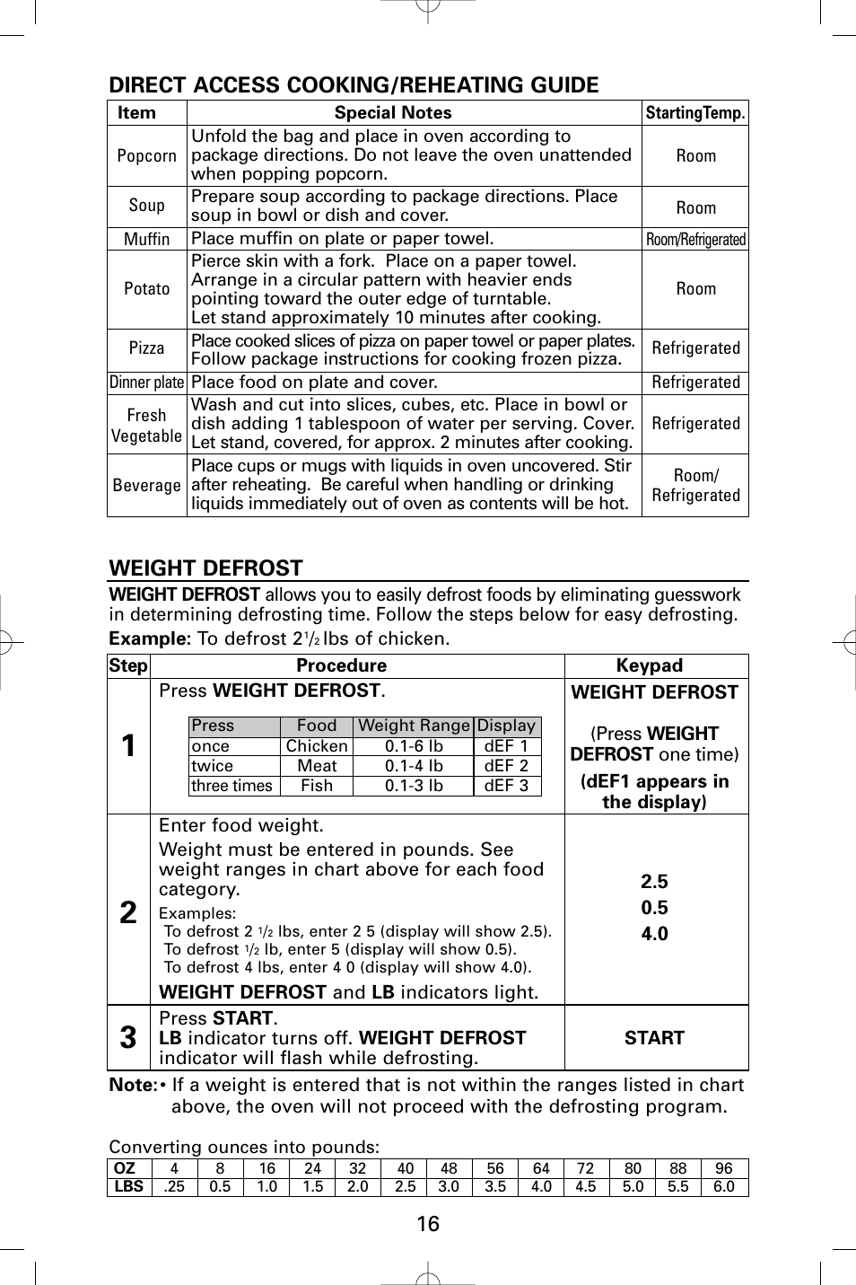 Direct access cooking/reheating guide, Weight defrost | Sanyo EM-S9515W User Manual | Page 16 / 36