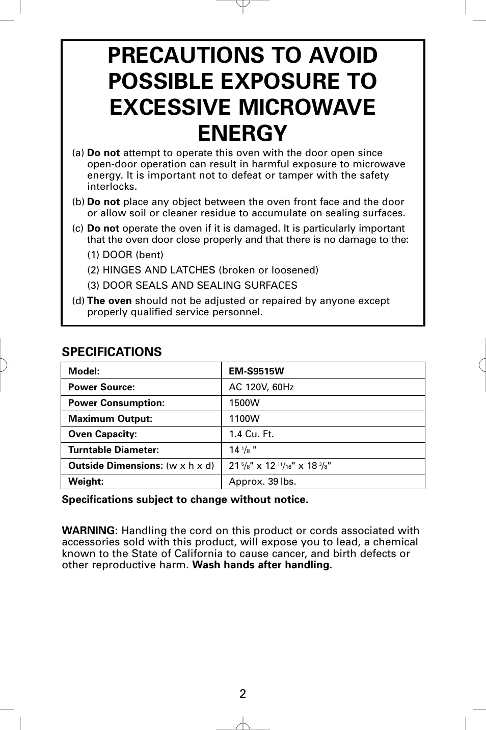 Specifications | Sanyo EM-S9515W User Manual | Page 2 / 36