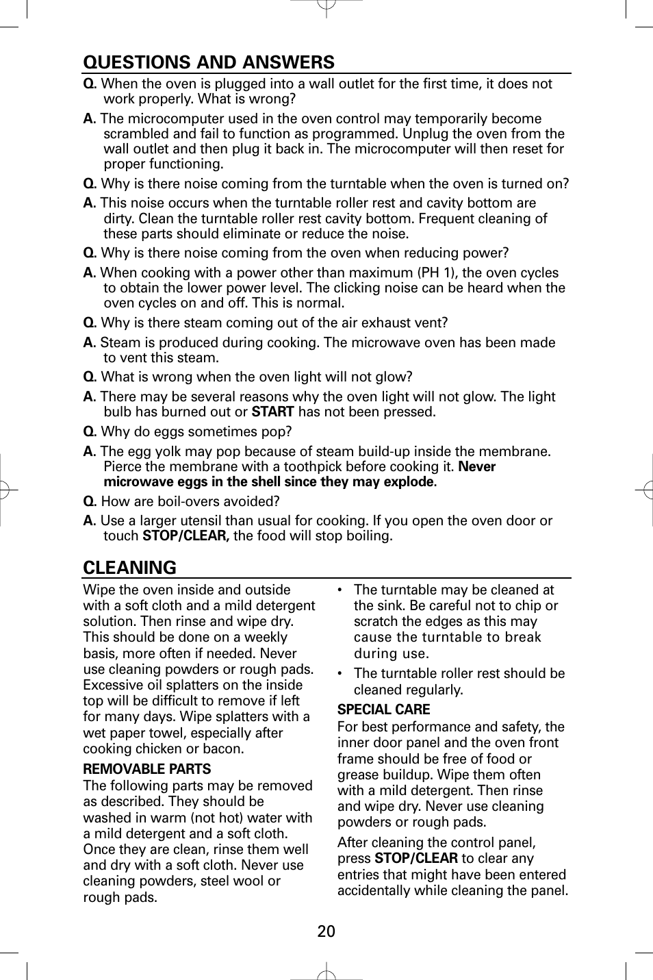 Questions and answers, Cleaning | Sanyo EM-S9515W User Manual | Page 20 / 36