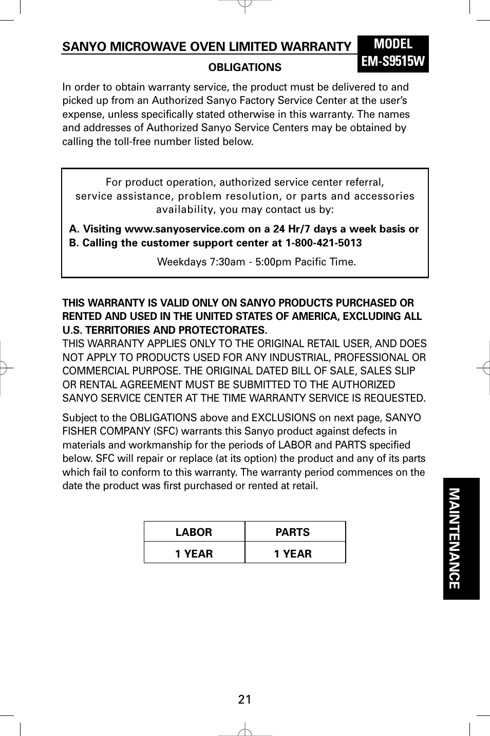 Model em-s, Wmaintenance | Sanyo EM-S9515W User Manual | Page 21 / 36