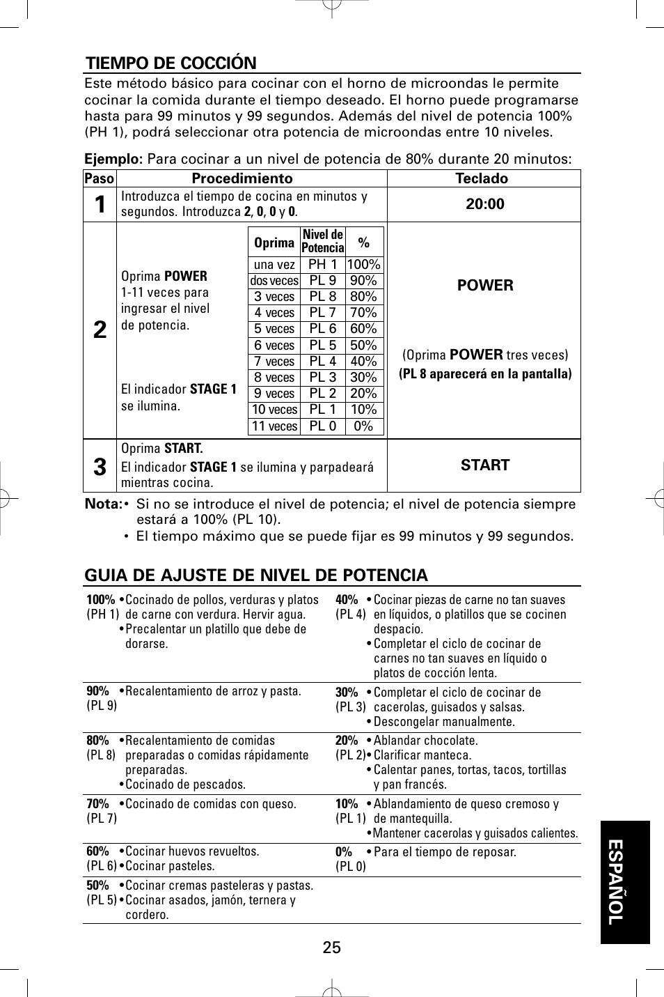 Esp añol, Tiempo de cocción, Guia de ajuste de nivel de potencia | Sanyo EM-S9515W User Manual | Page 25 / 36