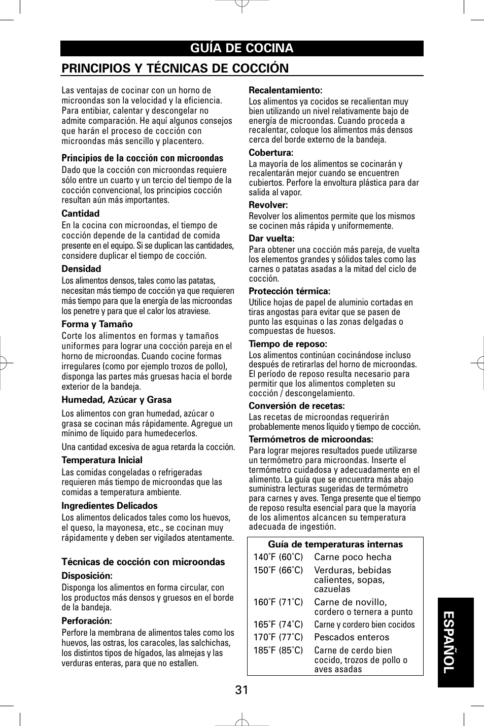 Esp añol, Guía de cocina principios y técnicas de cocción | Sanyo EM-S9515W User Manual | Page 31 / 36