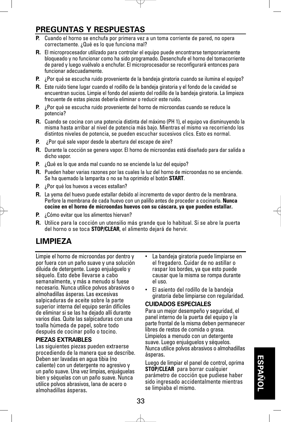 Esp añol preguntas y respuestas, Limpieza | Sanyo EM-S9515W User Manual | Page 33 / 36