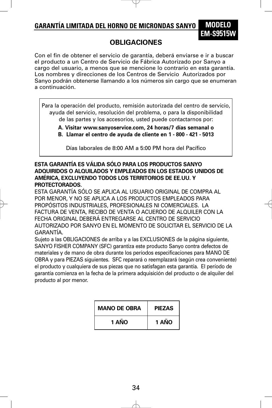 Modelo em-s | Sanyo EM-S9515W User Manual | Page 34 / 36