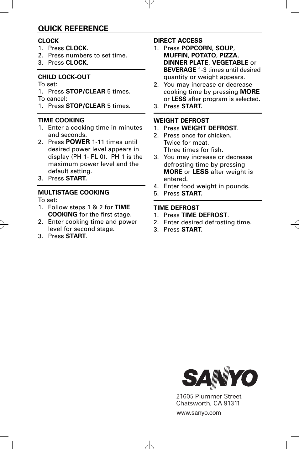 Quick reference | Sanyo EM-S9515W User Manual | Page 36 / 36