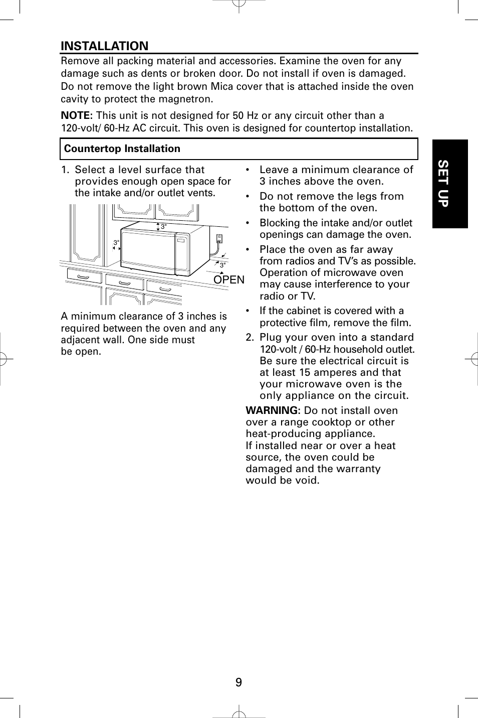 Set up, Installation | Sanyo EM-S9515W User Manual | Page 9 / 36