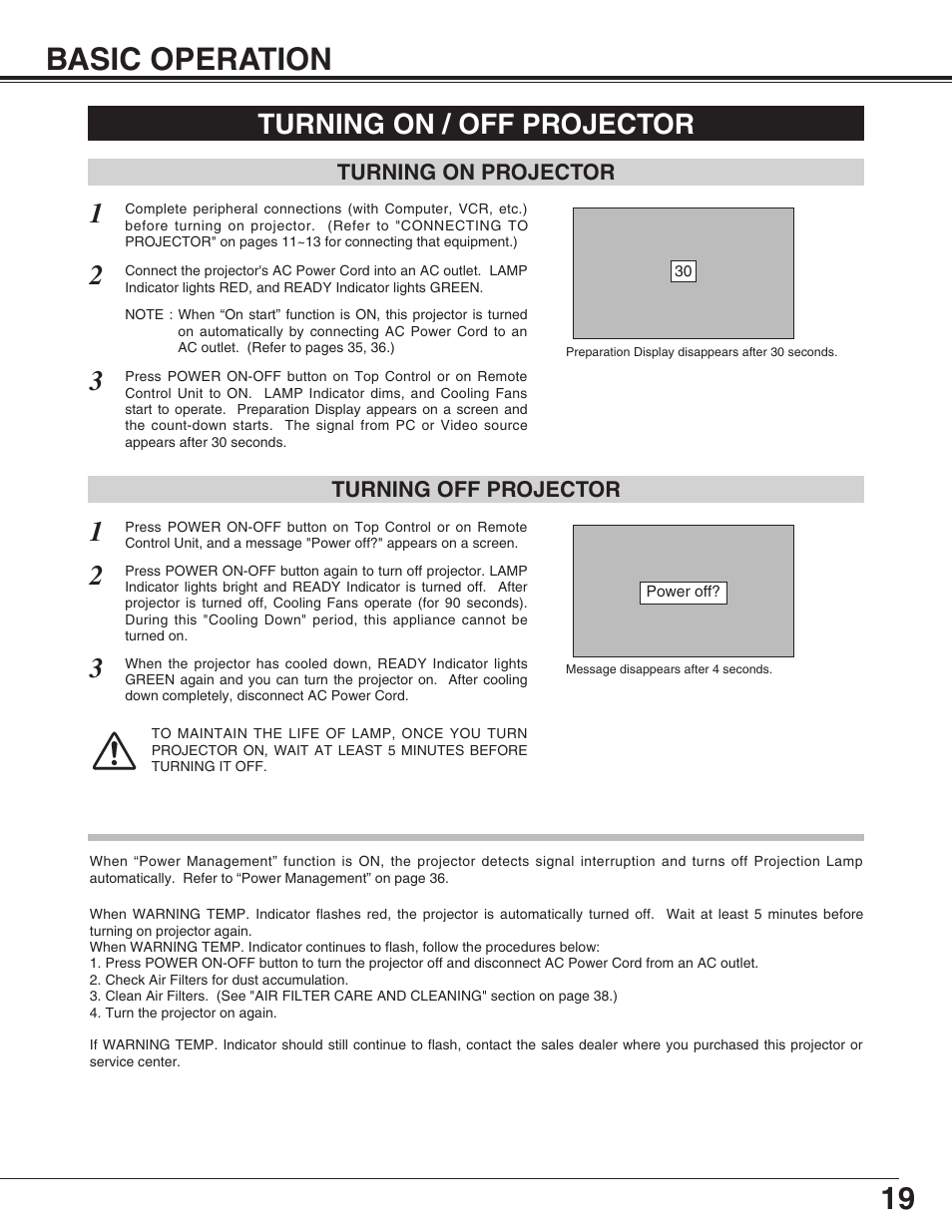 19 basic operation, Turning on / off projector | Sanyo PLC-SU31 User Manual | Page 19 / 44