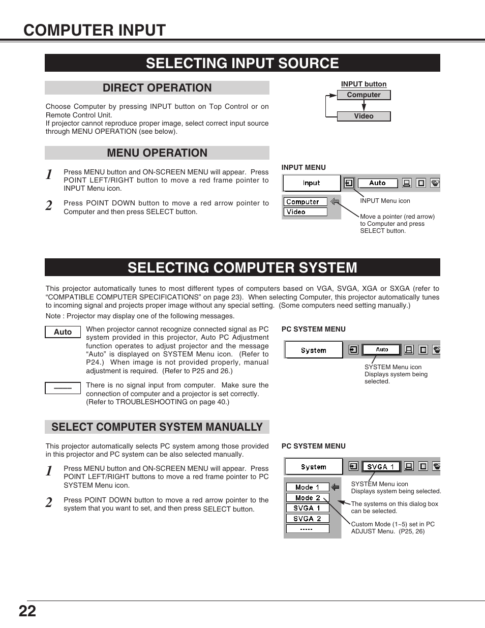 22 computer input, Selecting input source, Selecting computer system | Sanyo PLC-SU31 User Manual | Page 22 / 44