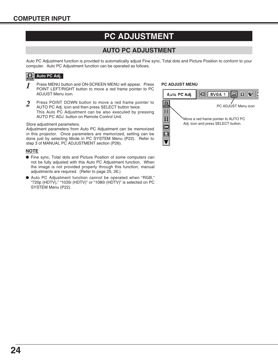 Pc adjustment | Sanyo PLC-SU31 User Manual | Page 24 / 44