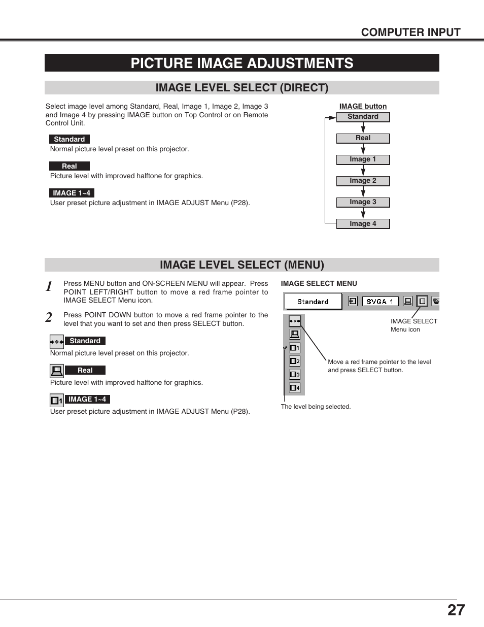 Picture image adjustments, Computer input, Image level select (menu) | Image level select (direct) | Sanyo PLC-SU31 User Manual | Page 27 / 44