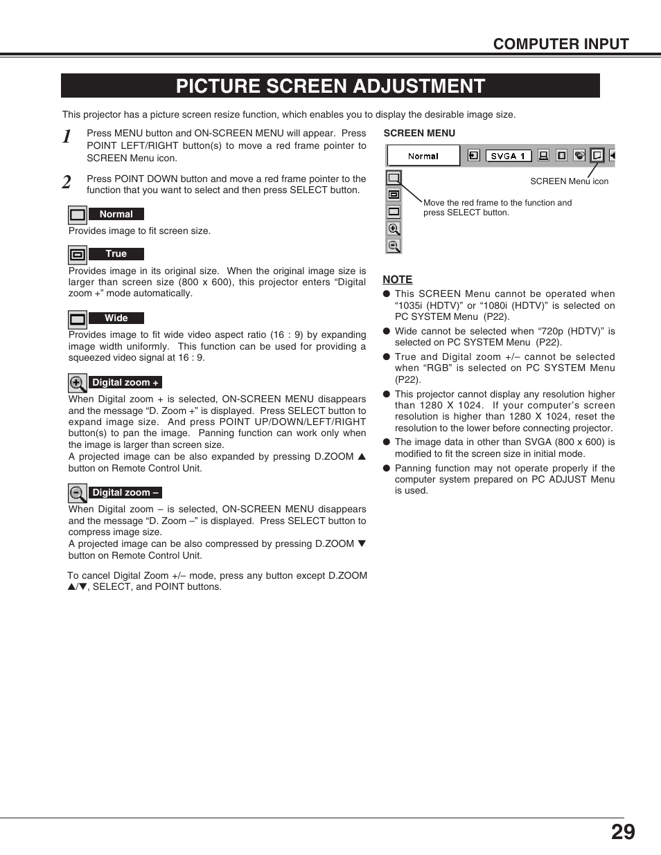 Picture screen adjustment, Computer input | Sanyo PLC-SU31 User Manual | Page 29 / 44