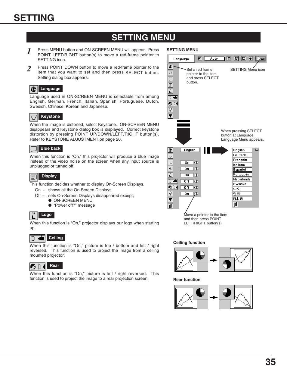 35 setting, Setting menu | Sanyo PLC-SU31 User Manual | Page 35 / 44