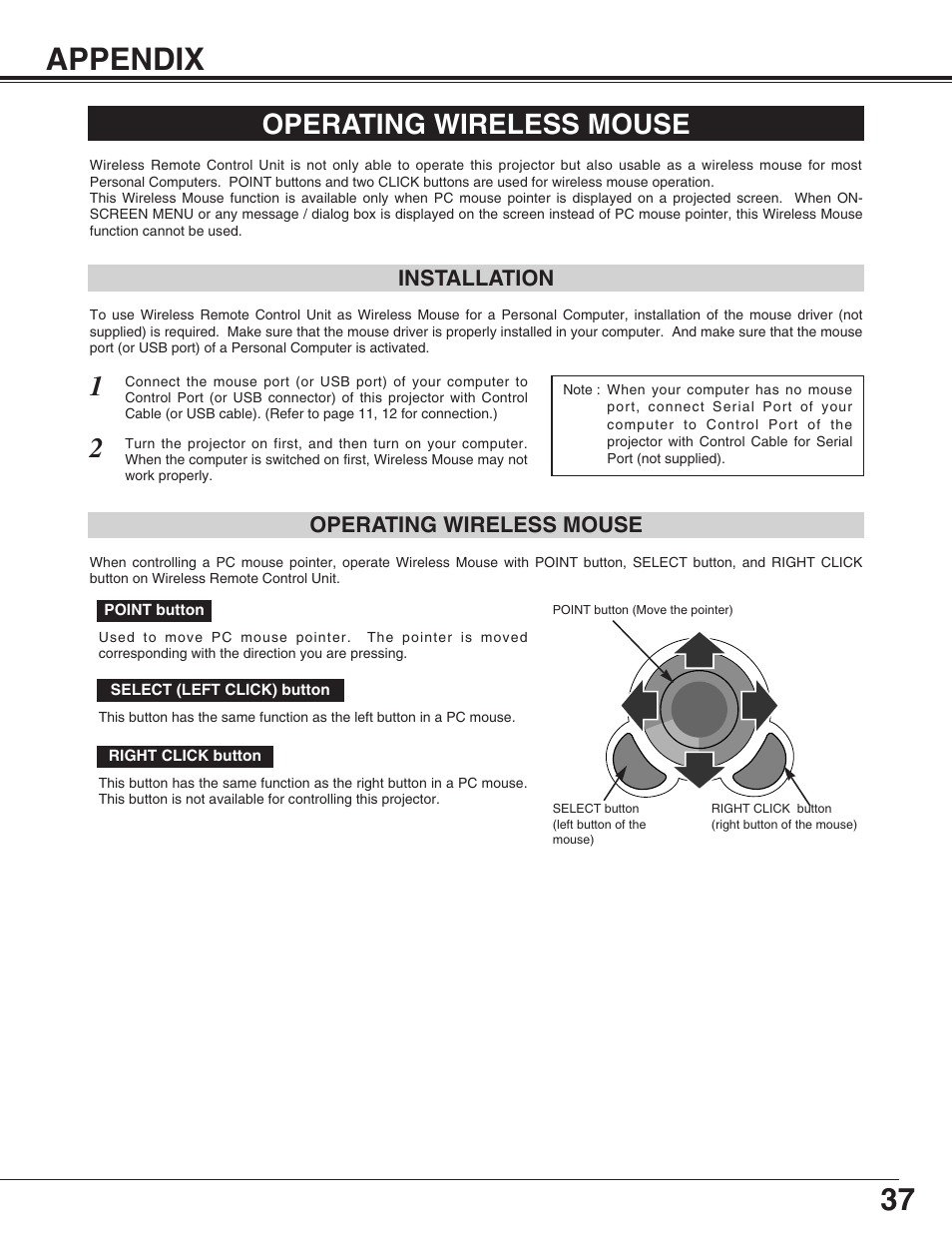 37 appendix, Operating wireless mouse | Sanyo PLC-SU31 User Manual | Page 37 / 44