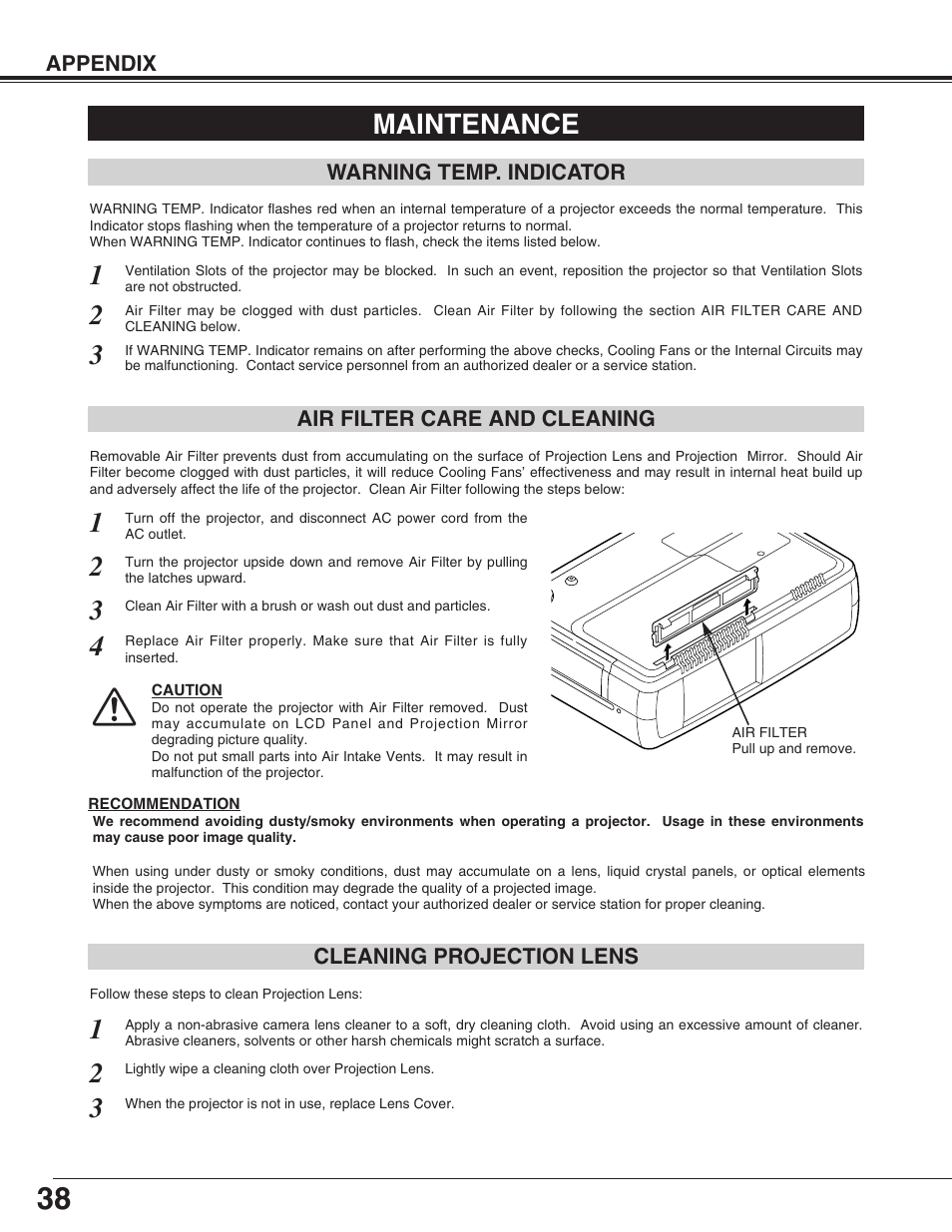 Maintenance | Sanyo PLC-SU31 User Manual | Page 38 / 44