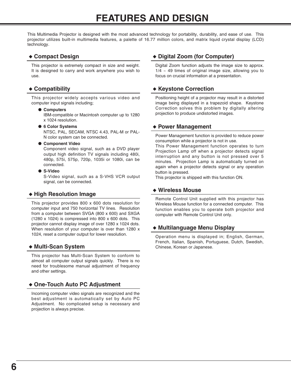 6features and design | Sanyo PLC-SU31 User Manual | Page 6 / 44