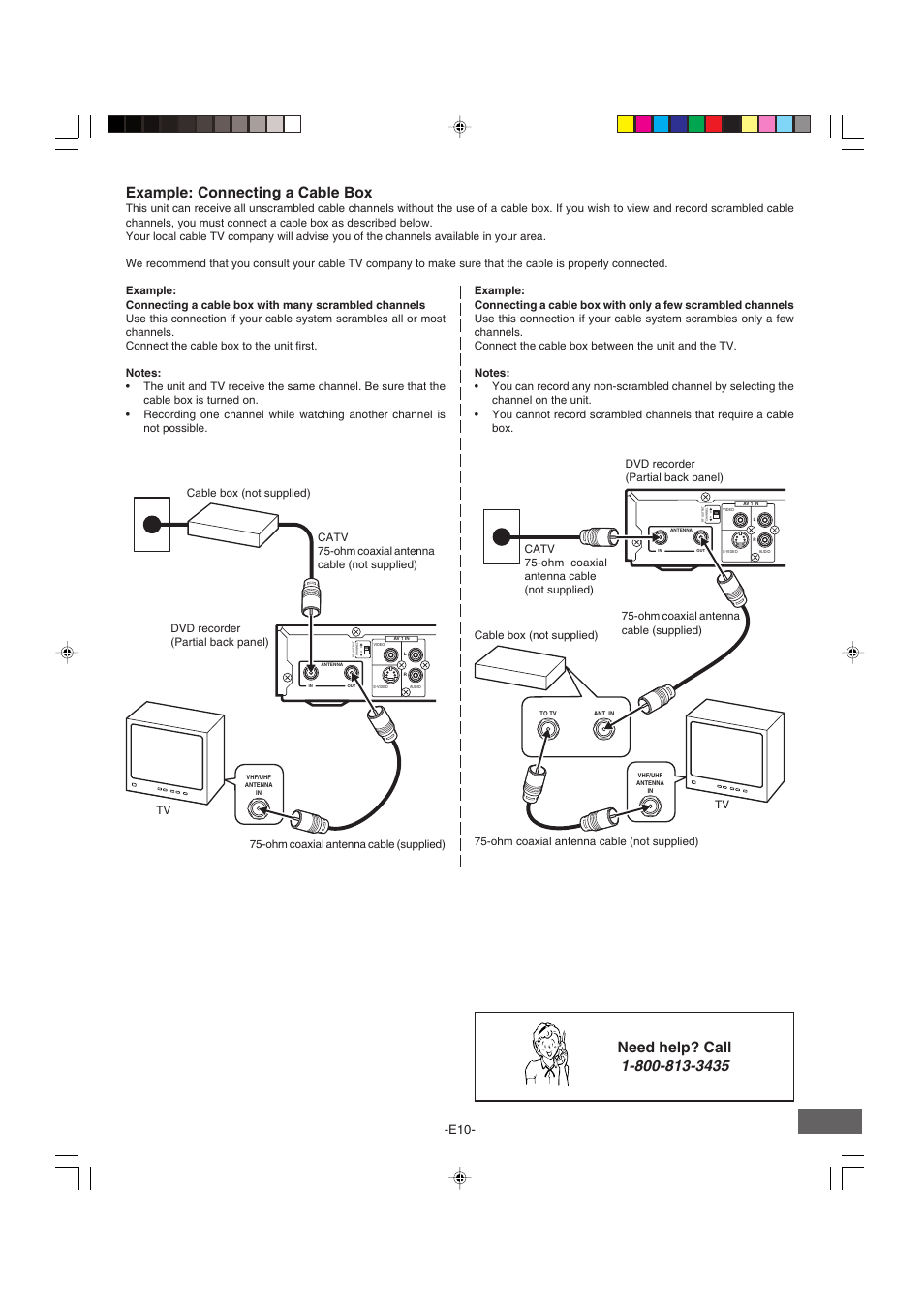 Example: connecting a cable box, Need help? call | Sanyo DRW-500 User Manual | Page 11 / 64