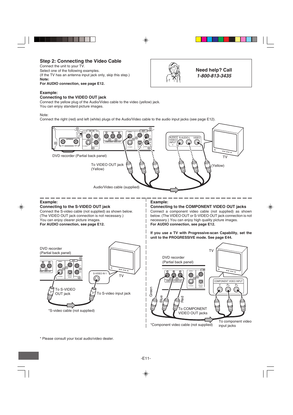 Step 2: connecting the video cable, Need help? call, Example: connecting to the s-video out jack | Example: connecting to the video out jack | Sanyo DRW-500 User Manual | Page 12 / 64