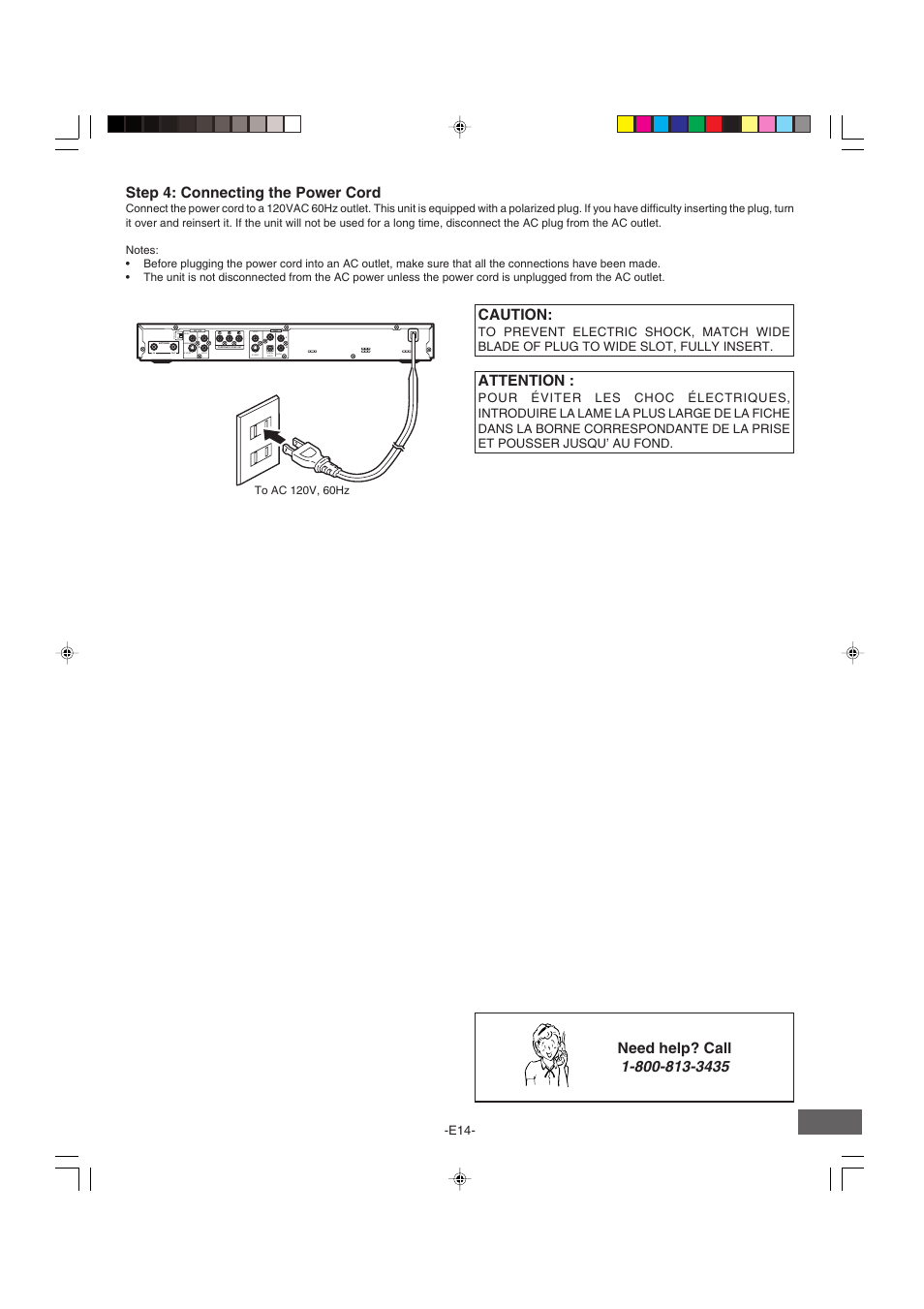 Step 4: connecting the power cord, Caution, Attention | Need help? call, 34 rf output channel | Sanyo DRW-500 User Manual | Page 15 / 64