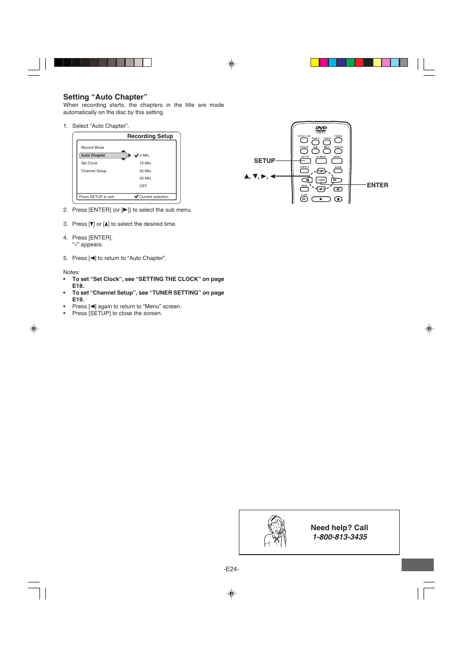 Setting “auto chapter, Need help? call | Sanyo DRW-500 User Manual | Page 25 / 64