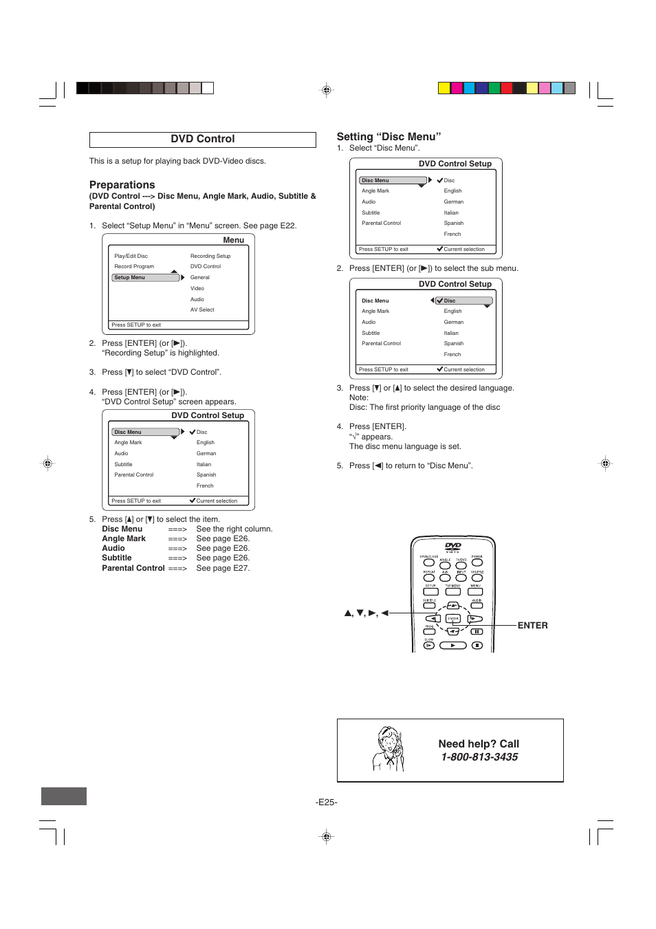 Preparations, Setting “disc menu, Dvd control need help? call | E25- a, 4 , 5 , a , b enter | Sanyo DRW-500 User Manual | Page 26 / 64