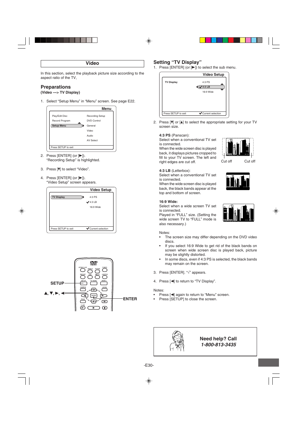 Preparations, Video, Setting “tv display | Need help? call | Sanyo DRW-500 User Manual | Page 31 / 64